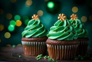 ai genererad muffins dekorerad för st patricks dag med grön dekorationer foto