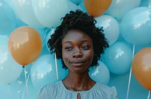 ai genererad nigerian kvinna med ballonger på blå bakgrund Lycklig födelsedag foto