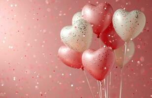 ai genererad valentines dag konfetti av rosa och silver- hjärta ballonger valentine foto
