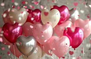 ai genererad valentines dag konfetti av rosa och silver- hjärta ballonger valentine foto