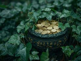 ai genererad en pott av mynt Sammanträde på topp av löv foto