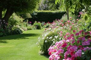 ai genererad ett idyllisk trädgård miljö med blomning blommor, tillhandahålla en pittoresk duk för reklam elegans foto