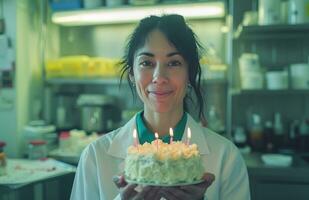 ai genererad kvinna forskare har födelsedag med födelsedag med kaka i hand forskare foto