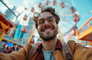 ai genererad Lycklig kille tar selfie på ferris hjul under en dag på foto