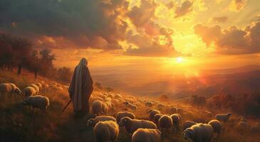 ai genererad Jesus ser på hans får på solnedgång foto