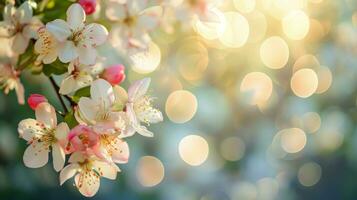 ai genererad vår annons naturlig nackground med blommor, bokeh lampor och kopia Plats foto