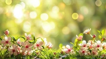 ai genererad vår annons naturlig nackground med blommor, bokeh lampor och kopia Plats foto