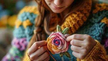 ai genererad kvinna broderier en blomma med flerfärgad trådar foto