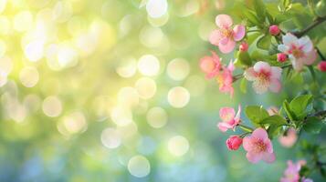 ai genererad vår annons naturlig nackground med blommor, bokeh lampor och kopia Plats foto