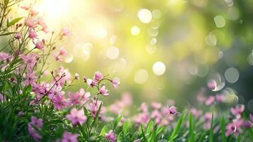 ai genererad vår annons naturlig nackground med blommor, bokeh lampor och kopia Plats foto