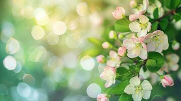 ai genererad vår annons naturlig nackground med blommor, bokeh lampor och kopia Plats foto