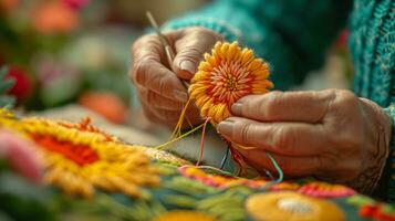 ai genererad kvinna broderier en blomma med flerfärgad trådar foto