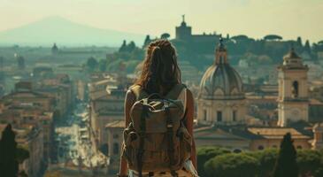 ai genererad kvinna innehav ryggsäck ser på rom horisont med stad vyer, foto