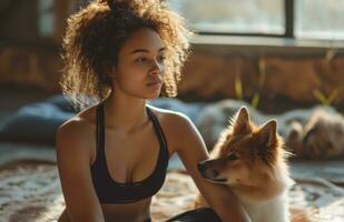 ai genererad kvinna håller på med yoga och utseende på hund foto