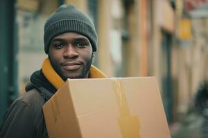 ai genererad ung afrikansk man innehav en kartong låda på de gata foto