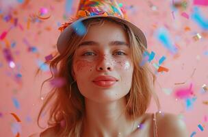 ai genererad ung skön kvinna på confettis i henne födelsedag kostym fira foto