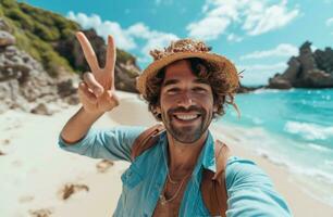 ai genererad en man är tar en selfie medan på en strand och framställning de fred tecken foto