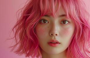 ai genererad en ung asiatisk lady med rosa hår foto