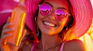 ai genererad en kvinna bär en rosa hatt och solglasögon innehar upp en flaska och gester till henne partner foto