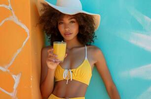 ai genererad en kvinna är dricka en frukt juice i en vit hatt och gul shorts foto