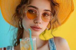 ai genererad en kvinna i hatt och solglasögon med dryck foto