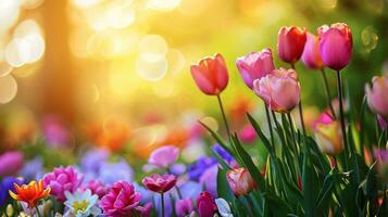ai genererad en springtime scen terar vibrerande blommor, frammanande de friskhet av de säsong för reklam salighet foto