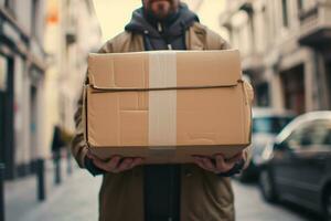 ai genererad leverans person innehav en brun kartong låda full av mat foto