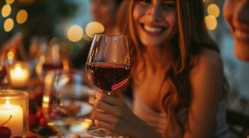 ai genererad en grupp av människor dricka röd vin på en middag tabell foto