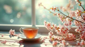 ai genererad kopp av te på tabell med några körsbär blommar foto