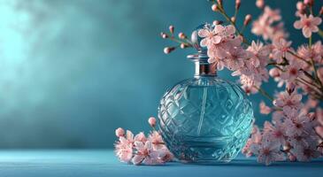 ai genererad parfym flaska och blommor på blå bakgrund foto