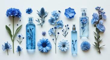 ai genererad olika blå blommor och flaskor av parfym foto