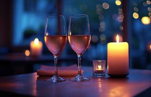 ai genererad två vin glasögon väntar nära ljus Nästa till två ljusstakar på en tabell foto