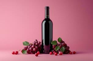 ai genererad en vin flaska på en rosa bakgrund foto