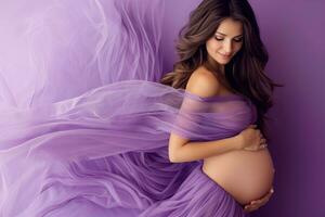 ai genererad porträtt av skön ung gravid kvinna rörande mage stående på Färg bakgrund foto