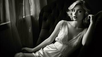 ai genererad glamorös flicka sittande nära en fönster, självsäker och sensuell, dramatisk belysning och skuggor, svart och vit foto