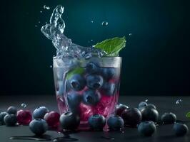 ai genererad en glas av uppfriskande blåbär dryck med is kuber, mynta löv, och en stänk av vatten foto