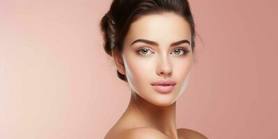 ai genererad skön ansikte av ung kvinna med perfekt hälsa hud, spa begrepp, rosa bakgrund foto