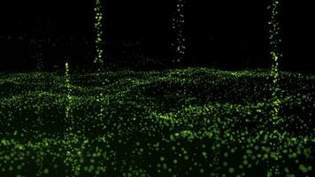 abstrakt grön skinande trogen digital Plats med unik prickar och flygande kometer. rörelse. mörk grön vågig yta av mycket liten partiklar. foto