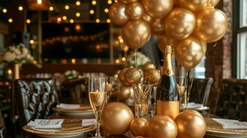 ai genererad en Rör av gyllene glamour med ballonger, ljus, och dekorationer för en sofistikerad födelsedag affär foto