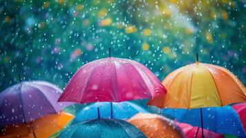 ai genererad färgrik regndroppar, paraplyer, och strålnings nyanser skapa en glad vår visa foto