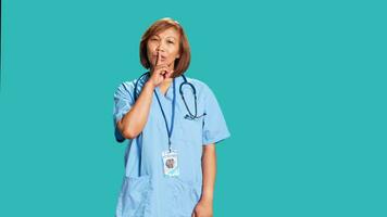 porträtt av akter allvarlig asiatisk sjuksköterska hyssande på kamera, störd förbi överdriven ljud. sträng sjukvård chef innehav tyst gest finger till mun, isolerat över blå studio bakgrund foto