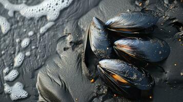 ai genererad färsk rå mussla på våt sand. generativ ai foto