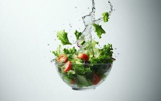 vegetabiliska sallad med stänk av juice grön grönsaker i en glas skål flygande i de luft och vatten stänk på en vit bakgrund foto