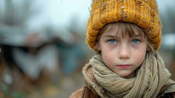 ai genererad porträtt av en hemlös liten pojke i en värma hatt och scarf. foto