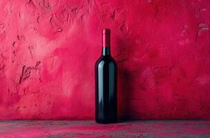 ai genererad röd vin flaska, isolerat på en rosa mönster platt foto