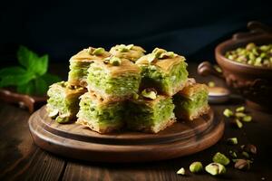 ai genererad de pistasch baklava, de ljuv mästerverk av turkiska kök foto