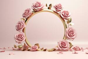 ai genererad en 3d tolkning av en guld cirkulär ram med två rosa ro foto