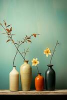 ai genererad fyra vaser Utsmyckad med delikat blommor och subtil material foto