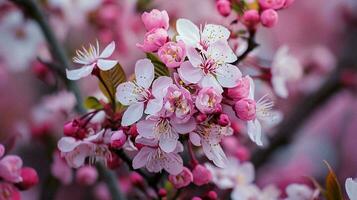 ai genererad närbild av vår på blomma träd gren foto