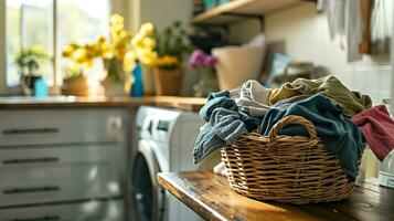 ai genererad tvätt kläder lugg i en korg- korg på badrum eller verktyg disken Nästa till tvättning maskin foto